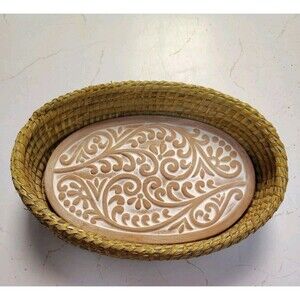 Serrv Pottery 12"  Oval Terra Cotta Bread Warmer & Basket Scroll Design